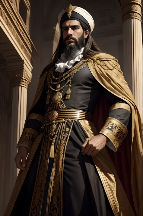 Imagine a commanding portrayal of Ismael, the ruler of Morocco in the 1700s, in an 8K 3D-rendered image. Ismael stands tall and imposing, his long beard flowing regally, adding to his authoritative presence. He is adorned in opulent, royal attire, with int...