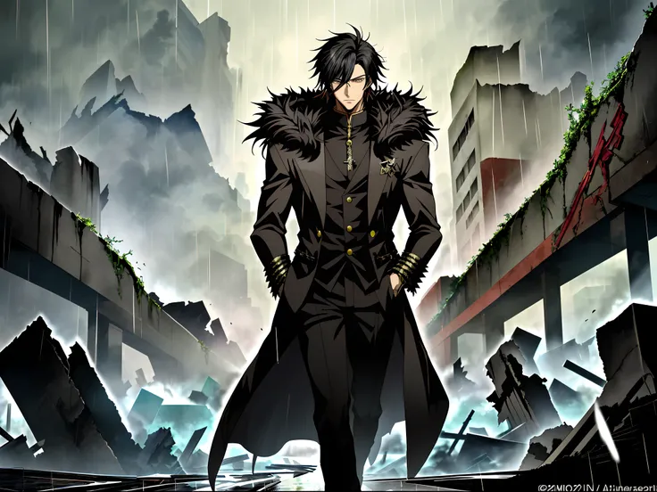 An anime man in a black fur coat stands among the ruins in the rain, Black colored eyes，Black hair，Anime handsome man, Anime portrait of a handsome man, Anime concept HDR anime, Key anime art, male anime character,