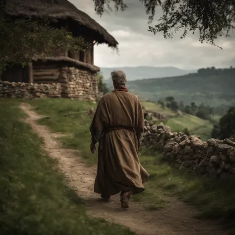 ((masterpiece)), (top quality), (best quality), Village, huts made of stone walls and thatched roofs, old trees, people in long robes and tunics, medieval