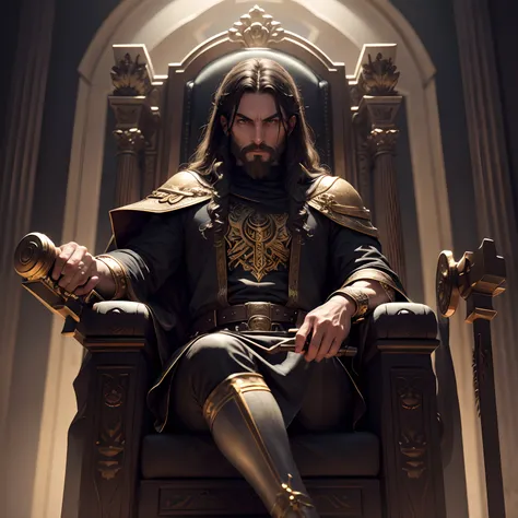 God Seth imposing ultra details sitting on the throne looking at me holding his hammer with very sinister features