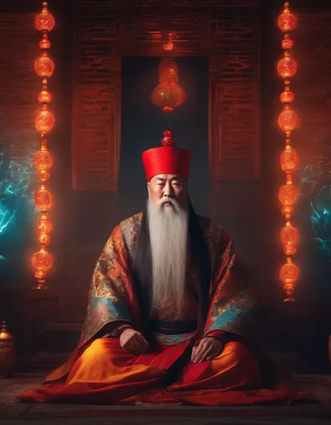 A Chinese male Taoist chief，Long beard，Meditate cross-legged, at centre，Very bright colors, Light particles, with light glowing, Mshiv, wallpaper art, UHD wallpaper