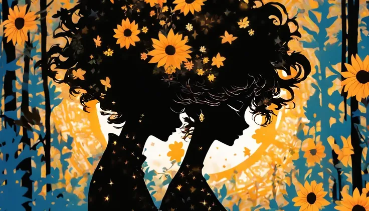 (Silhouette Art,cutouts:1.6) (((Paper cutting art,A world where only white exists:1.3) (Cowboy Shot),1 girl、Solo, (summer  dress, profile:1.2),white, Clear and beautiful face,Romper (blue open sky、white clouds、Yellow sunflower) Textured glass background,Wo...