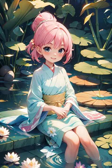 （best qualtiy，tmasterpiece，Hyper-realistic），1 beautiful and delicate portrait of a girl，Playful and cute，Pink Hanfu, Moon,Chao yang, sonoko, Bamboo, water lily, hot onsen, vapour, (illustration: 1.0), Epic composition, Realistic lighting, HD details, Maste...