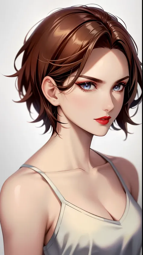 (masterpiece, best quality:1.2),detailed face, detailed eyes, short hair,elegant woman,red lipstick,fit body,casual casual clothes,extremely short hair,cool hair, mature, full body