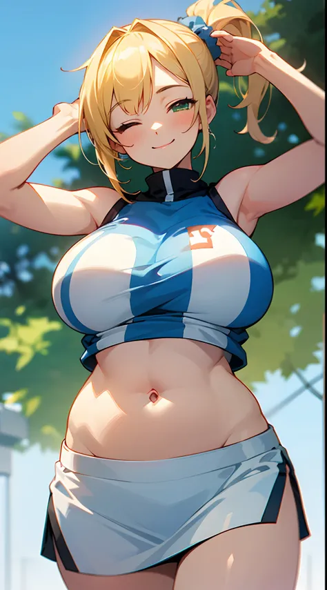 1 girl, game CG, sleeveless blue gym uniform, belly button visible, short white skirt, scrunchie, gigantic breasts, blonde, middle hair, side ponytail, green eyes, hands above head, one eye closed, smile, mouth open, outdoors,