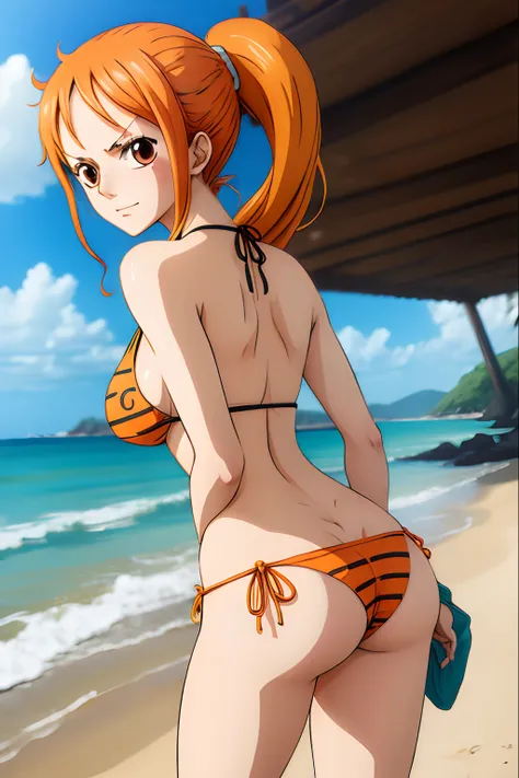 (ANIME ART STYLE),Nami from one piece, brown eyes, orange long ponytail hair, wearing mini bikini, standing on beach, blushing,(NSFW), back view