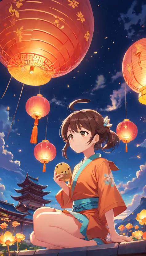 Mid-Autumn Festival, Cute fairy, Beautiful big eyes, Wear ancient costumes, Rabbit playing around girl, Moon cake, Auspicious clouds, Behind the huge moon, Warm colors, Abstract Imagery, ultra-realistic realism, Pixar style, 3d effect, Disney style, Clear ...