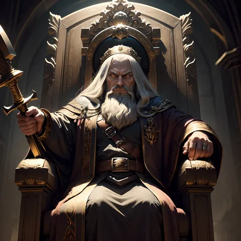 God will be imposing ultra details sitting on the throne looking at me holding his hammer with very sinister features