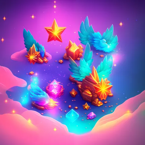 Close up of shoes and diamonds on colorful background, Glass shoes and pigeon feathers, Item Art, star guardians, 3 d icon for mobile game, Magic artifacts, Heartstone Original Art Style, magical items, star guardian inspired, Shiny Gem, maplestory mouse, ...