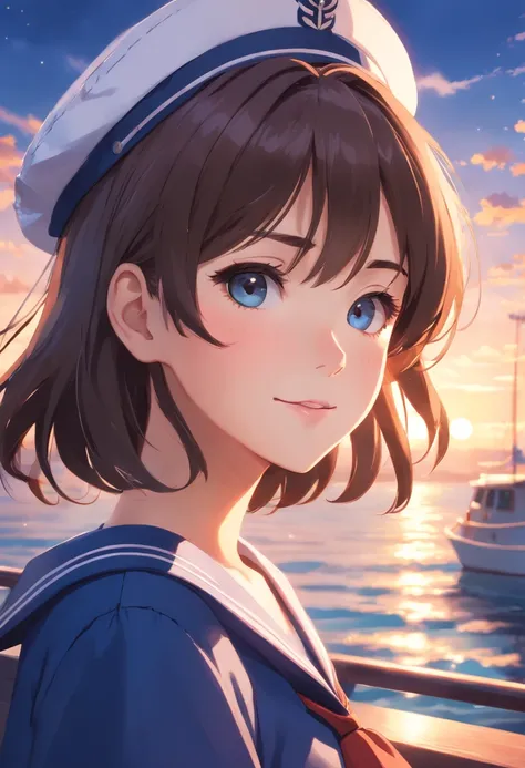 (realistic,ultra-detailed,best quality:1.2),1 girl, upper body, sailor, beautiful detailed eyes, beautiful detailed lips, long eyelashes, wearing sailor uniform, sailor hat, smiling to viewer, sail boat, professional, vivid colors, sharp focus,HDR,studio l...