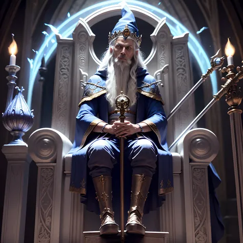 Wizard Merlin imposing ultra details sitting on the throne looking at me holding his staff with very sinister features