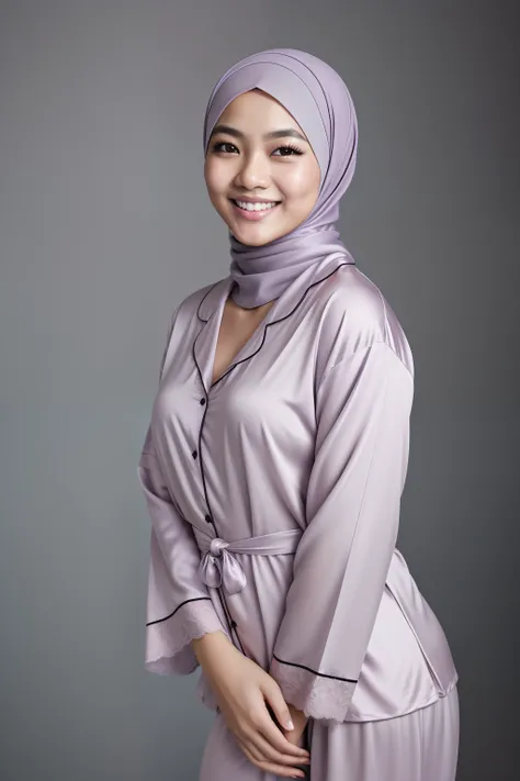 Malay girl in hijab wearing sexy lilac color pajamas portrait photography, mid shot photo, ultra detail, professional photograph with professional lighting, smile, light blue studio background, sexy seducing pose, curvy