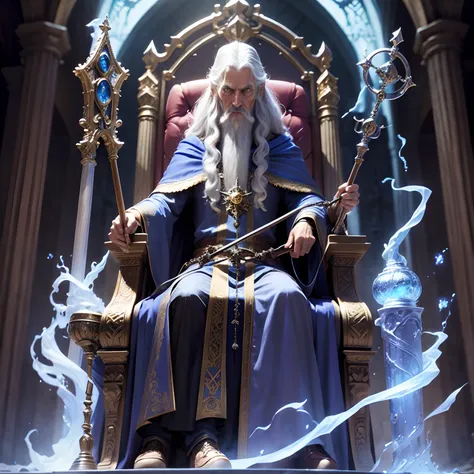 Wizard Merlin imposing ultra details sitting on the throne looking at me holding his staff with very sinister features