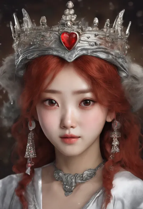 Korean girl, heart-shaped eyes, red hair, crown, symbol-shaped pupils, wolf ears, grin, silver hair, Surrealism, drop shadow, tachi-e, panorama, Ultra-Wide Angle, Eye-Level Shot, masterpiece, textured skin