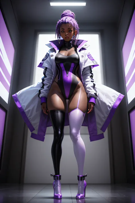 Tone black woman standing with legs spread looking down at the camera, wearing a white and purple sexy leotard, cyberpunk jacket and pantyhose and high heel boots. full body image