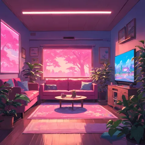 large cozy neon pink living room with big tv screen and tree plants