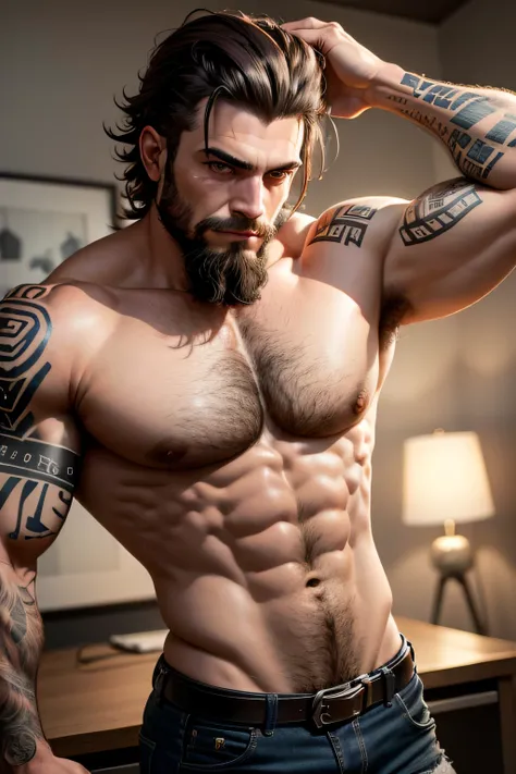 Homem musculoso, cabelo longo, tattoo, barba curta, vampiro, roupa social, moderno