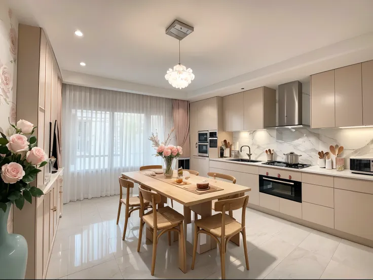 ，masterpiece, best quality，8k, ultra highres，when you step into this kitchen，it's like entering a blooming rose garden。bright ro...