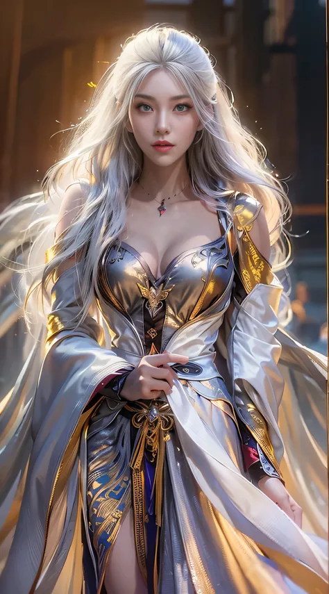 extremely beautiful young lady, subtle makeup, golden hour, photorealistic, high contrast, 8k HD, detailed, hyper-detailed, realistic skin texture, long white hair, big breast, best quality, ultra high res, raw photo, dramatic lighting, unreal engine, diff...