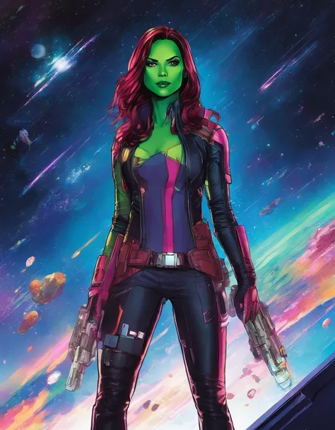 Gamora, guardians of the galaxy, gotg, starry sky, sparking gradient background