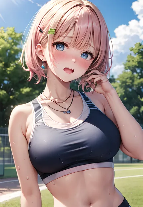 absurderes, ultra-detailliert,bright colour, (pink sports bra:1.4),(under boobs:1.3),(embarrassed from:1.4),extremely beautiful detailed anime face and eyes, view straight on, ;D, shiny_skin,25 years old, wet,Short hair, , asymmetrical bangs, Blonde hair w...