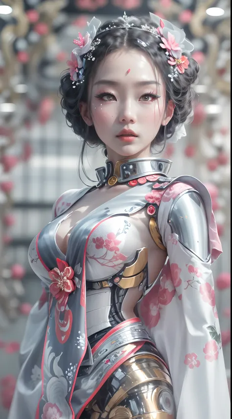 (Best quality,4K,8K,A high resolution,Masterpiece:1.2),Ultra-detailed,(wide wide shot)Wedding photo of a Japanese female robot in the mid-twenties，Made of shiny white and silver translucent glass and plastic, geisha makeup and hairstyle, Silver metal inter...