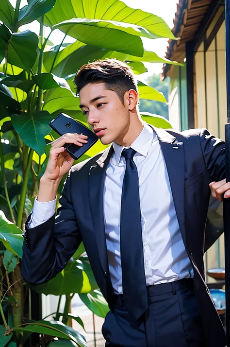 Young businessman talking on the phone outdoors in a tropical country