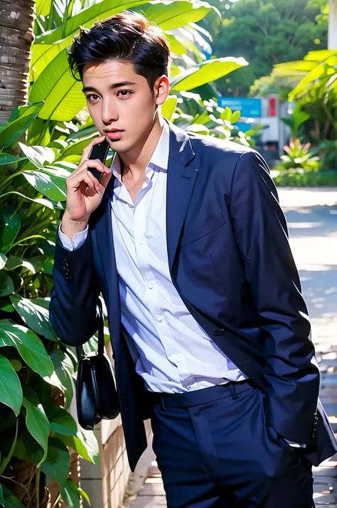 Young businessman talking on the phone outdoors in a tropical country