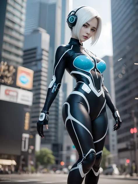 complex 3d render ultra detailed of a beautiful porcelain profile woman android face, black gross lycra body suit, luminous blue strip, cyborg, robotic parts,robotic arms, mechanic legs, look at viewer, 150 mm, soft light, rim light, vibrant details, luxur...