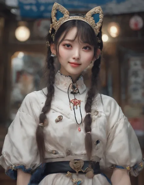 Korean girl, heart-shaped eyes, symbol-shaped pupils, grin, streaked hair, cat ears, anchor choker, Surrealism, entire body image, masterpiece, textured skin