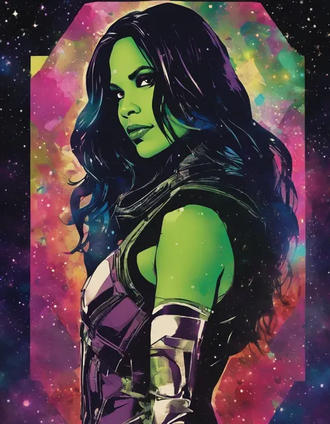 Gamora, guardians of the galaxy, gotg, starry sky, sparking gradient background