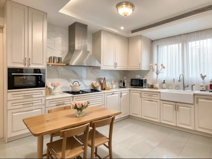 ，masterpiece, best quality，8k, ultra highres，When you step into this kitchen，Its like entering a blooming rose garden。Bright rose wallpaper adorns the entire space，Charming and romantic。Porcelain kitchenware shines brightly，It is as if it were the delicate...