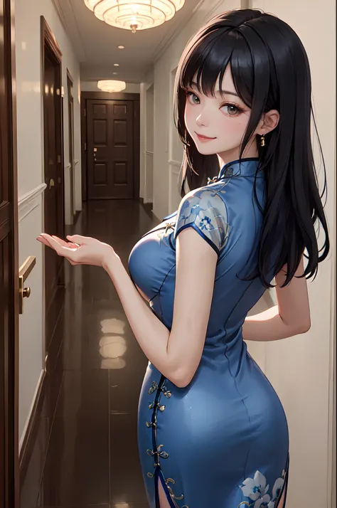 /(luxury hotel hallway/), 1lady solo (looking back from behind), mature female, /(blue cheongsam/), /(black hair/) bangs, blush kind smile, (masterpiece best quality:1.2) ultra-detailed