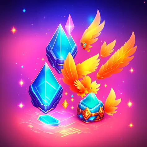 Close up of shoes and diamonds on colorful background, Glass shoes and pigeon feathers, Item Art, star guardians, 3 d icon for mobile game, Magic artifacts, Heartstone Original Art Style, magical items, star guardian inspired, Shiny Gem, maplestory mouse, ...