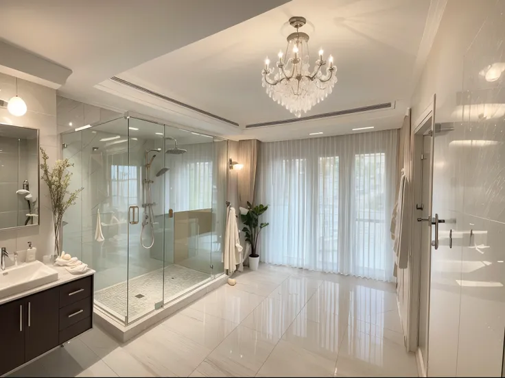 ，masterpiece, best quality，8k, ultra highres，When you walk into this bathroom，Its as if youve entered a magical crystal palace。The brilliant chandelier shines like a dreamy light，Make the whole space appear mysterious and gorgeous。The mirrored walls reflec...