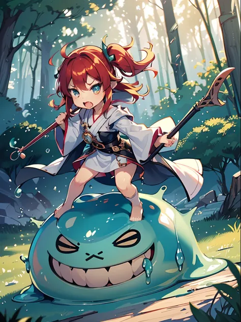 (3 Chibi SD girls, wearing fooded robes with delicate accessories), (chibi, trio:1.2), fighting to cute slimes, bravely, with using wood sticks, ((hitting the slime with a wood bar:1.2)), (super high resolution, 8K RAW photo, photo realistics, thin outline...