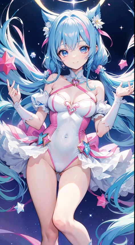 Super Idol　a beauty girl　A charming smile　sky blue hair　length hair　Twin-tailed　Bright pink and white leotard outfit　Mystical　Fantasia　constellation　a moon　Crystal Brilliance　Aurora Borealis in the Night Sky