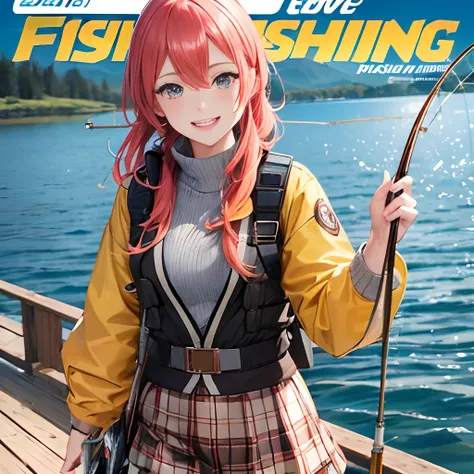 (Cover of a fishing magazine:1.4){{{{{masutepiece,Best Quality,ultra-detailliert}}}}},Happy laughter,1 woman,Beautiful eyes,Cute face,Flint jacket and plaid shorts,Walking,holding flower bouquet,knee high socks,