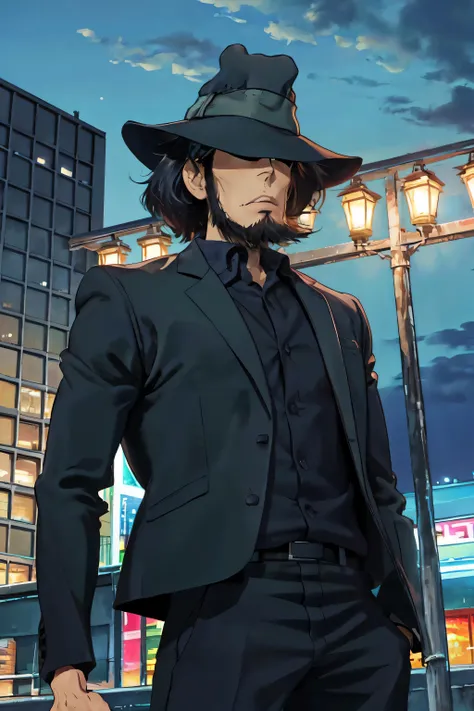 jigen ,  (best quality, masterpiece, RAW photo,ultra-detailed:1.2), 1BOY,solo,looking at viewer, balck hair, 
hat, formal, hide eyes,  city, night, holding pistol, from below,