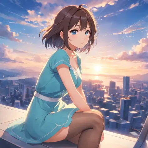 High quality, Very detailed, Clear image, Introduction to anime girls, light blue long hair, hair in wind, Golden eyes, Shiny earrings, White dress, Close to the body, Blue sky, With moving clouds， From the front side，Positive perspective，looking toward th...