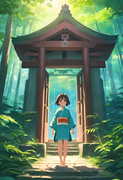 A hidden shrine in the deep forest, A 7-year-old girl in a kimono stands in the middle，frontage，Barefoot，full bodyesbian