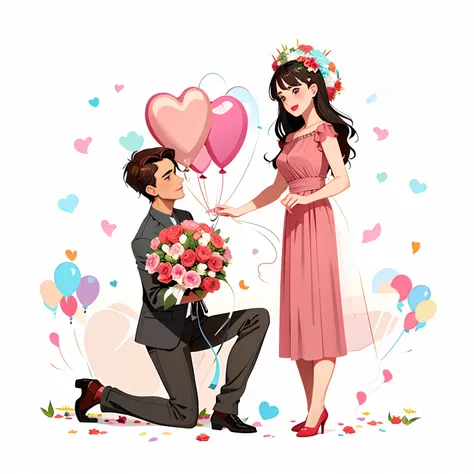 there was a man kneeling with a bunch of balloons, a man proposes to his girlfriend, romantic couple, man and woman in love, cut...