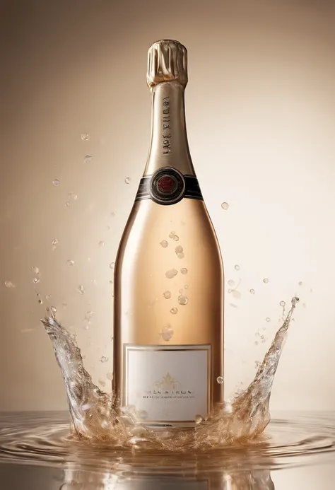 photoshoot, beautiful champagne bottle, place on a shallow pool of water, water splashes, (((create empty space for logo placement))), volumetric lighting, specular reflection, include transparent bubbles in foreground