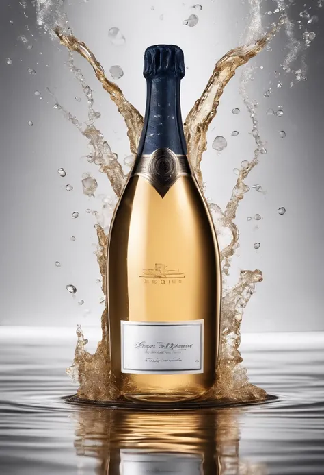 photoshoot, beautiful champagne bottle, place on a shallow pool of water, water splashes, (((create empty space for logo placement))), volumetric lighting, specular reflection, include transparent bubbles in foreground