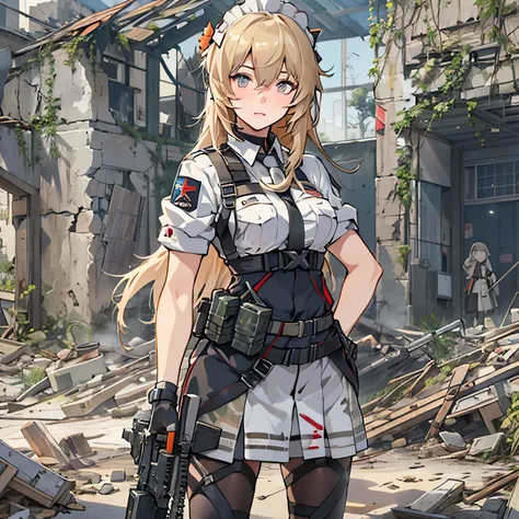 Anime girl standing in ruins, girls frontline style, from girls frontline, Fine details. girls frontline, girls frontline, Girls Frontline CG, infantry girls, Womens Final Tour, soldier girl, m4 sopmod ii girls frontline, anime maid ss military, girls fron...