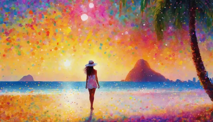 (best quality,4k,8k,highres,masterpiece:1.2),soft focus,bright gradient watercolor,dreamy,white background,girl,beaches,Copacabana Beach, Sugar Loaf, Corcovado"