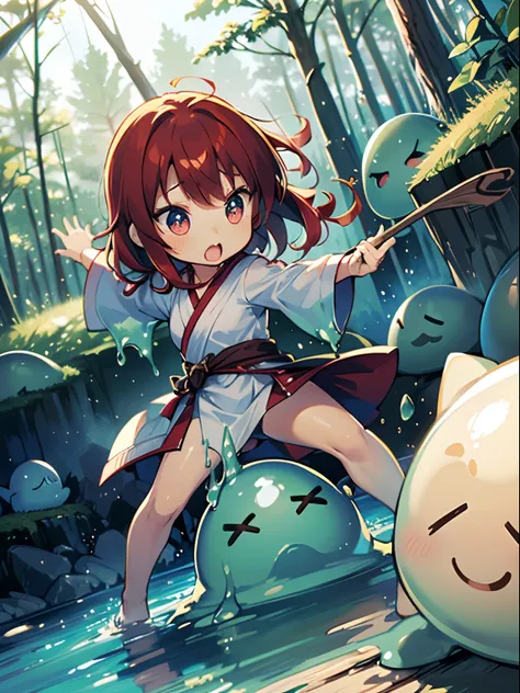 (3 Chibi SD girls wearing fooded robes with delicate accessories), (chibi, trio:1.2), fighting to cute slimes, bravely, with using wood sticks, ((hitting the slime with a wood bar:1.2)), (super high resolution, 8K RAW photo, photo realistics, thin outline,...