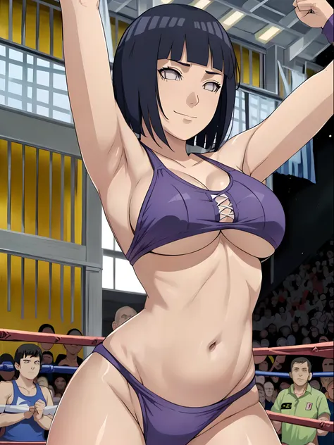 (hinata(boruto), (female wrestler), (slender body), mature woman, milf, (bikini, wrestling gear) victorious, gorgeous, winner, kind face, smile, closed mouth, pale skin, (dark blue hair color:1.1), wavy hair, ((short hair, hime cut), big breasts, (only one...