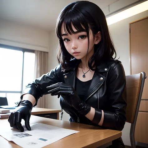 Wearing black leather gloves up to the fingertips in both hands, upper body, black leather double riders jacket, slender necklace, young and cute Japanese girl with beautiful black hair, sitting on a black leather chair facing the desk in the bosss empty r...