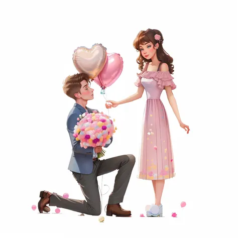 There was a man kneeling with a bunch of balloons, A man proposes to his girlfriend, romantic couple, man and woman in love, cute couple, They are in love, Romantic, concept art of love, A beautiful artwork illustration, true love, holding balloons, Cartoo...